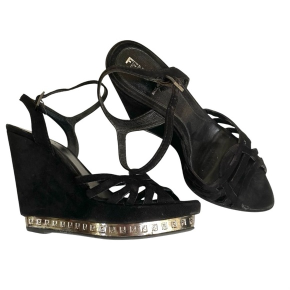 Fendi Authentic Logo Suede Wedge Sandals 37